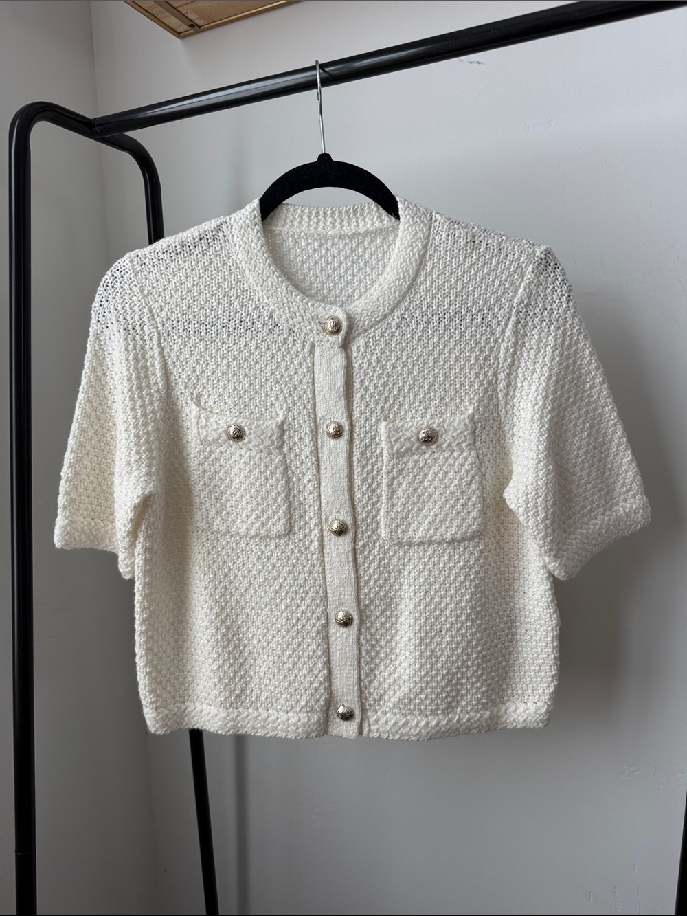 Cream Short-Sleeve Textured Knit Cardigan with Pearl-Style Buttons